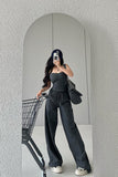 Prettyswomen Kiza Solid Color Fishbone Sleeveless Bandeau Top + High Waist Straight Leg Suit Pants Matching Set