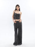 Prettyswomen Mina Vintage Grey Denim Bandeau Top + Straight Wide Leg Jeans Pants Matching Set