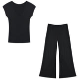 Prettyswomen Latoya Solid Color V-Neck Short Sleeve Slim Cropped Top + Low Waist Suit Straight Leg Pants Matching Set