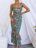 Prettyswomen Sweetheart Neck Strap Printed Pleated Mesh Maxi Dress