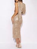 Prettyswomen Sequins Halterneck Asymmetry Midi Dress