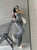 Prettyswomen Lia Solid Color Square Neck Wide Strap Ribbed Top + High Waist Straight Leg Pants Matching Set