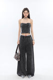 Prettyswomen Mina Vintage Grey Denim Bandeau Top + Straight Wide Leg Jeans Pants Matching Set