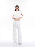 Prettyswomen Sia Solid Color White Slim Short Sleeve Cropped Top + High Waist Baggy Multi-Pocket Cargo Pants Matching Set