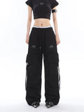 Prettyswomen Sia Solid Color White Slim Short Sleeve Cropped Top + High Waist Baggy Multi-Pocket Cargo Pants Matching Set