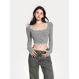 Prettyswomen Gwen Fake Two Piece Halter Long-sleeved Button Up Slim Cropped Top