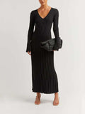 Prettyswomen V Neck Flounce Sleeve Pit Strip Knitting Maxi Dress