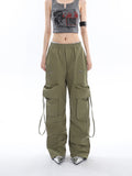 Prettyswomen Sia Solid Color White Slim Short Sleeve Cropped Top + High Waist Baggy Multi-Pocket Cargo Pants Matching Set