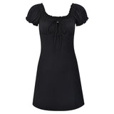 Prettyswomen Tie Front Puff Sleeve Black Mini Dress