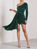 Prettyswomen Green Sequin Velvet One Shoulder Mini Dress