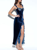 Prettyswomen Lace-Paneled Velvet Maxi Dress