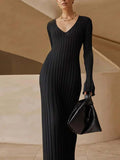 Prettyswomen V Neck Flounce Sleeve Pit Strip Knitting Maxi Dress