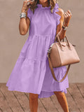 Prettyswomen Solid Color Ruffled Collar Sleeveless Casual Pleated Dress