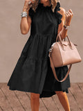 Prettyswomen Solid Color Ruffled Collar Sleeveless Casual Pleated Dress