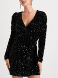 Prettyswomen Black Sequin Velvet Long Sleeve Wrap Mini Dress