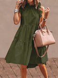 Prettyswomen Solid Color Ruffled Collar Sleeveless Casual Pleated Dress