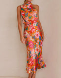 Prettyswomen Floral Halter Neck Elastic Waist Maxi Dress