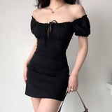 Prettyswomen Tie Front Puff Sleeve Black Mini Dress