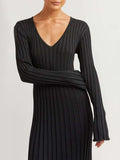 Prettyswomen V Neck Flounce Sleeve Pit Strip Knitting Maxi Dress