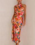 Prettyswomen Floral Halter Neck Elastic Waist Maxi Dress