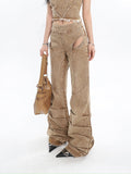 Prettyswomen Giana Brown Washed Heart Shape Old Vintage Denim Tank Top + Pleated Flared Pants Matching Set