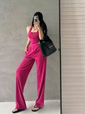 Prettyswomen Lia Solid Color Square Neck Wide Strap Ribbed Top + High Waist Straight Leg Pants Matching Set