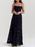 Prettyswomen Black Floral Lace Back Maxi Dress