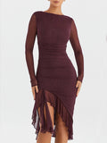 Prettyswomen Wine Ruffle Midi Dress