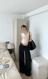 Prettyswomen Latoya Solid Color V-Neck Short Sleeve Slim Cropped Top + Low Waist Suit Straight Leg Pants Matching Set