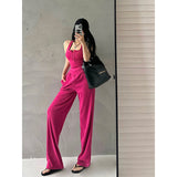 Prettyswomen Lia Solid Color Square Neck Wide Strap Ribbed Top + High Waist Straight Leg Pants Matching Set