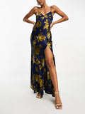 Prettyswomen Navy Printed Satin Lace Maxi Dress