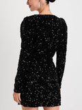 Prettyswomen Black Sequin Velvet Long Sleeve Wrap Mini Dress