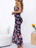 Prettyswomen Sweetheart Neck Strap Printed Pleated Mesh Maxi Dress