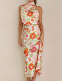 Prettyswomen Floral Halter Neck Elastic Waist Maxi Dress