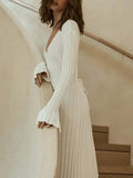 Prettyswomen V Neck Flounce Sleeve Pit Strip Knitting Maxi Dress