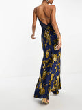 Prettyswomen Navy Printed Satin Lace Maxi Dress