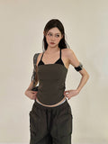 Prettyswomen Shaya Solid Color Dark Grey Bandeau Sleeveless Slim Cropped Top + High Wasit Multi-Pocket Straight Leg Baggy Cargo Pants Matching Set