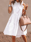 Prettyswomen Solid Color Ruffled Collar Sleeveless Casual Pleated Dress