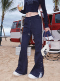 Prettyswomen BeerBro Navy Blue American Spice Girls Polo Neck Knit Top Button Up Casual Wide Leg Pants Matching Set