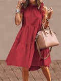 Prettyswomen Solid Color Ruffled Collar Sleeveless Casual Pleated Dress