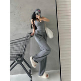 Prettyswomen Lia Solid Color Square Neck Wide Strap Ribbed Top + High Waist Straight Leg Pants Matching Set