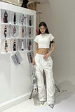 Prettyswomen Sia Solid Color White Slim Short Sleeve Cropped Top + High Waist Baggy Multi-Pocket Cargo Pants Matching Set