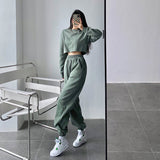 Prettyswomen Alice Solid Color Cropped Long Sleeve Sweatshirt High Waist Sweatpants Matching Set