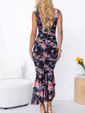 Prettyswomen Sweetheart Neck Strap Printed Pleated Mesh Maxi Dress