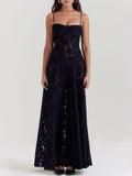 Prettyswomen Black Floral Lace Back Maxi Dress