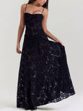 Prettyswomen Black Floral Lace Back Maxi Dress