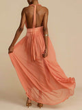 Prettyswomen Tulle Halter Neck Backless Maxi Dress