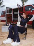 Prettyswomen BeerBro Navy Blue American Spice Girls Polo Neck Knit Top Button Up Casual Wide Leg Pants Matching Set