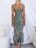 Prettyswomen Sweetheart Neck Strap Printed Pleated Mesh Maxi Dress