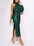 Prettyswomen Sequins Halterneck Asymmetry Midi Dress